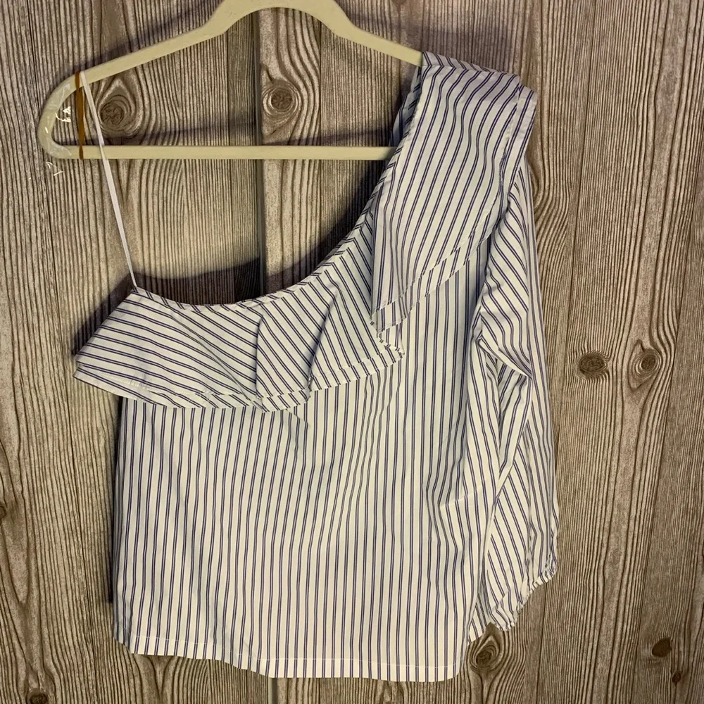 J. Crew 12 pinstripe one shoulder blouse ruffle tailored shirt cotton career NWT